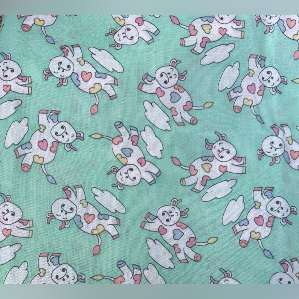 Mint Green Heart Print Cow Jumping Over Cloud Fabric Material Whimsical Playful